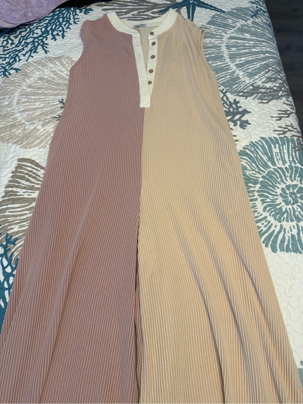 Sleeveless Two-Tone Ribbed Jumpsuit - Pink & Tan